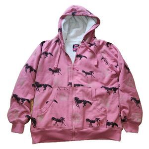 BERNE Pink Sherpa Lined Hoodie‎ Full Zip Horse Print Womens Size M